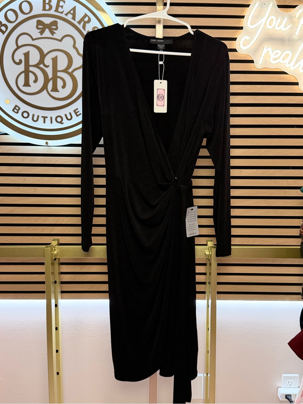 Maggy London Black Long-Sleeve Wrap Midi Dress